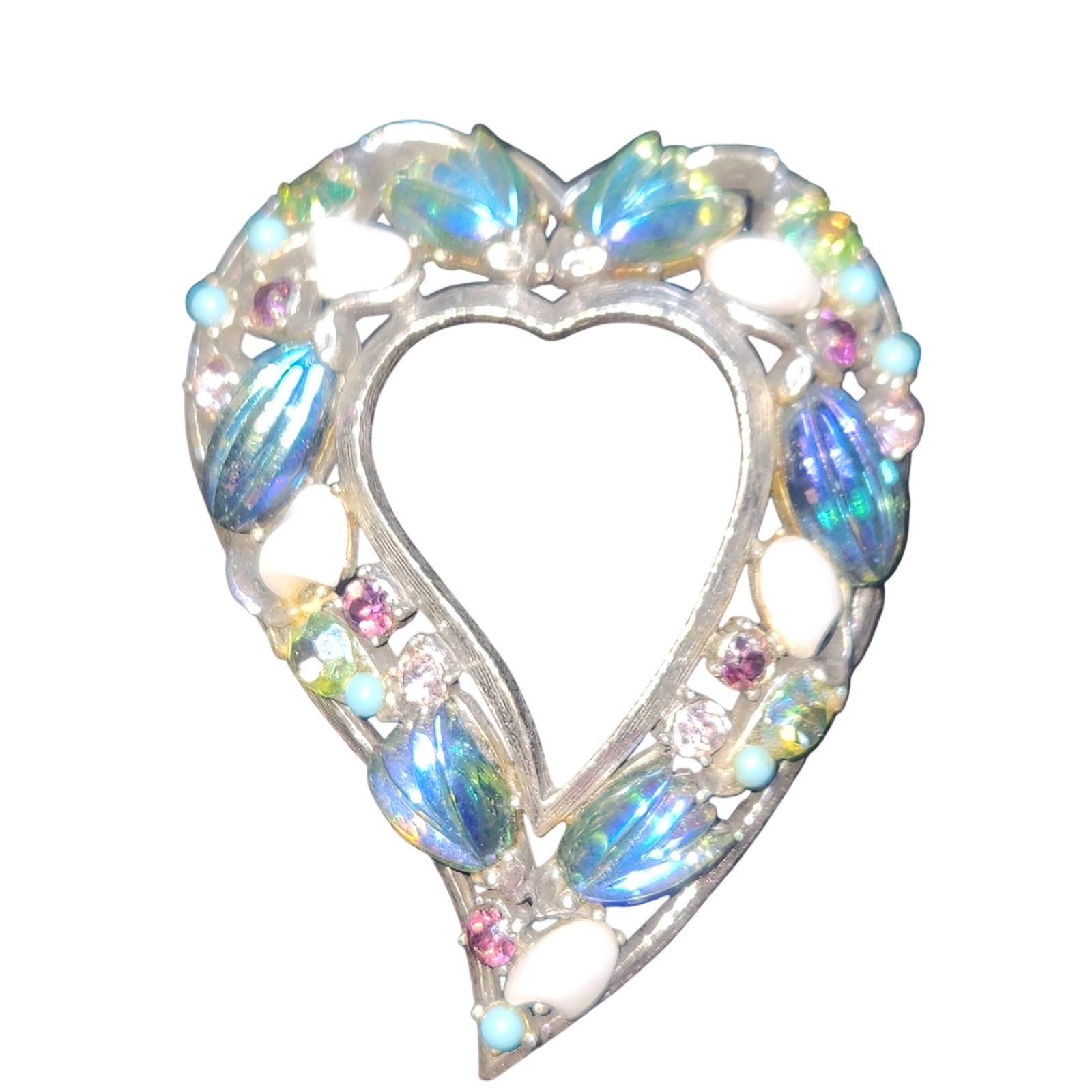 Vintage Florenza Heart Brooch Silver Tone Blue Ab Rhinestone And Stone Pin